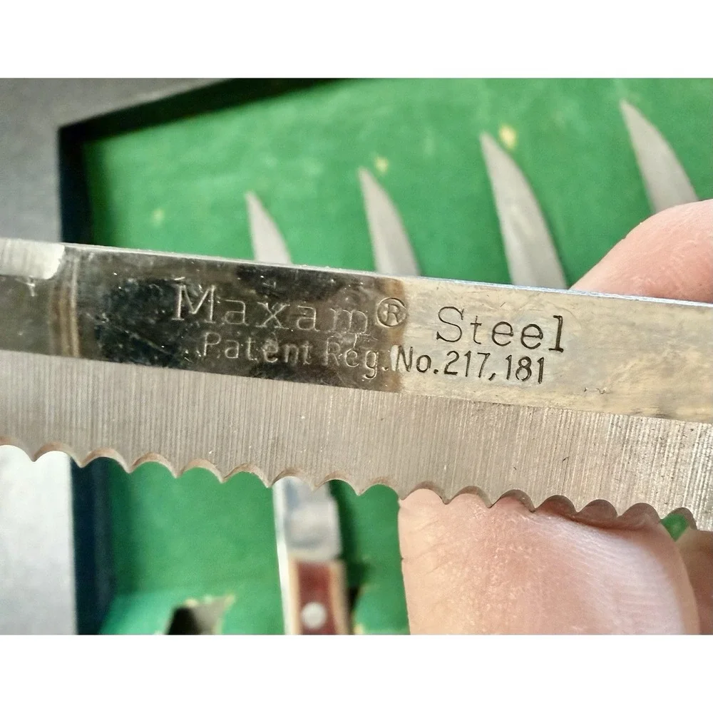 Vintage Maxam Steel Steak Knife Set 6pc Serrated Blades Japan Wood Handles
